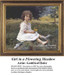 A girl sits in a flowering meadow, one sock off, holding a yellow wildflower, a design from artist Gottfried Hofer in a PDF pattern format.