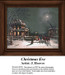 A winter scene with a grand mansion and figures exchanging Christmas wishes under a moonlit sky, available as a printable pattern by J. Hoover.