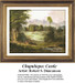 A landscape of Chapultepec Castle, surrounded by trees and hills, designed as an xstitch pattern by Robert S. Duncanson in the Hudson River style.