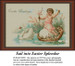 A cherub sails in an egg-shaped boat, led by a swan, while holding pink flowers in this BAP cross stitch pattern for Easter greetings.