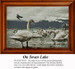 A serene scene of swans and other birds gathered on a lake under a cloudy sky, designed as a cross stitch pattern for your stitching enjoyment.
