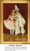 A boy in a clown costume with blue accents and a girl in a pink dress stand together, smiling in front of a red curtain, accompanied by a PDF chart.