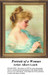 A profile portrait of a woman with honey-colored hair styled in large curls, wearing an aqua blouse, in this xstitch pattern by Albert Lynch.