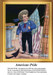 A young boy stands proudly next to a ship's railing, waving an American flag, preserved as a counted cross stitch pattern.