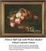 A basket filled with pink and white roses set against warm brown tones, presented as a cross stitch project from Johan Laurentz Jensen's painting.