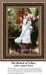 A woman in a flowing white dress holds a bouquet of lilacs, frozen in time as a counted cross stitch pattern by James Tissot.