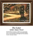 A detailed counted cross-stitch pattern preview of James Tissot's painting, "The Letter." The Victorian Realist design depicts a stylishly dressed woman holding a letter in a lush garden setting, capturing emotional intrigue under soft ambient light.