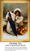 A young woman bundled in fur stands with a large umbrella and a basket of goodies, brought to life as a counted cross stitch pattern.
