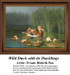 A mother duck swims with her ducklings among lily pads and reeds, frozen in time as a counted cross stitch pattern.