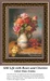 A vibrant bouquet of roses in shades of pink and orange fills a ceramic vase, accompanied by cherries, in this cross stitch design by Hans Zatzka.