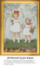 Two young girls in white dresses stand together, holding hands in a spring setting, framed as a counted cross stitch chart.