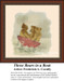 Three bears sit closely in a red boat, surrounded by gentle waves, designed as a cross stitch chart by Frederick L. Cavally.