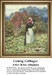 A woman dressed in traditional clothes is cutting cabbages in a lush garden with two neighbors watching, preserved as a counted cross stitch pattern.