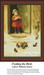A young girl in a red dress stands in a doorway, throwing crumbs to birds on the ground in this counted cross stitch design by William Taylor.