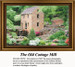 A picturesque old mill surrounded by lush green foliage and vibrant flowers, designed as a cross stitch chart for enthusiasts.