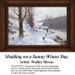 A snowy hillside with a small figure sledding beside a cozy half-timbered cottage, in this xstitch design by Walter Moras.
