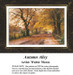 A tranquil country road lined with golden trees, ample fallen leaves, and a distant village, designed as a printable pattern by Walter Moras.