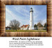 A tall white lighthouse stands against a clear blue sky, come to life as a counted cross stitch design.