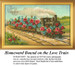 A vintage train loaded with roses and forget-me-nots travels through the countryside, created as a counted cross stitch pattern.