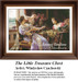 Three women sit around a table, excitedly trying on jewelry from a treasure chest, designed as a counted cross stitch pattern, perfect for your next.