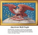 A majestic bald eagle stands on a flag-embellished globe, surrounded by stars on a blue background; this is a downloadable pattern for stitching.