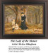 A woman in a black dress stands with two children among autumn trees, translated into a counted cross stitch design by Helen Allingham.