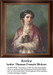 A young woman with dark hair and ornate attire gazes thoughtfully, immortalized as a counted cross stitch pattern by Thomas Francis Dicksee.