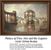 A grand palace with classical columns mirrors in a lagoon, immortalized as a counted cross stitch pattern by Edwin Deakin.