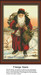A jolly figure of Santa in a red coat carries bells and holly before a winter landscape, available as a PDF chart for cross stitch projects.