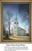 A white church with a tall steeple stands among bare trees against a blue sky, available as a digital file for cross stitch.
