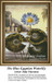 A blue waterlily with large olive green leaves floats on water, with a city and palm trees in the background, preserved as a counted cross stitch.
