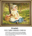 A little blond-haired girl sits under an apple tree, holding a basket of fallen apples, framed as a counted cross stitch chart.
