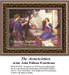 An angel approaches a seated woman, conveying a message in a serene garden setting, adapted from John William Waterhouse as a digital file.