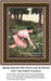 A woman in a pink dress kneels among vibrant flowers in a lush garden, designed as a large cross stitch pattern by John William Waterhouse.
