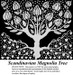 A Scandinavian Magnolia Tree with white blossoms and heart shapes in the roots, designed as a cross stitch project on black fabric.