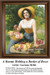 A young woman sits in a sunny garden holding a basket of roses, frozen in time as a counted cross stitch pattern by Gaetano Bellei.