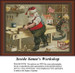 Santa, dressed in traditional attire, works on a toy at a workshop table, surrounded by various toys and tools in this cross stitch pattern.