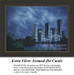 A castle stands on a hill under swirling clouds at dusk, with a faint green glow in certain windows, rendered as a cross stitch pattern.