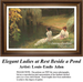 A detailed counted cross-stitch pattern preview of Louis-Émile Adan's painting, "Elegant Ladies at Rest Beside a Pond." The 19th-century French Realist design depicts two well-dressed women resting peacefully near water in a lush landscape, capturing pastoral composure under soft light.