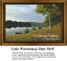 A serene lakeside view at Lake Waramaug State Park, with trees and a soft sky, depicted as a large counted cross stitch on aida cloth.