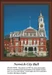 A large red-bricked city hall with a clock tower and decorative architectural elements, designed as a cross stitch project.