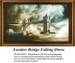 A cross stitch pattern of London Bridge amidst a fierce storm, with dark clouds and heavy rainfall threatening its structure.