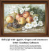 A cluster of honey crisp apples and red and white grapes is surrounded by white anemones, composed as a counted cross stitch pattern.