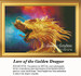 A fierce golden dragon roars, its scales glimmering against a vibrant background, offered as a cross stitch chart for enthusiasts.