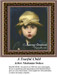 A young child with a sad expression and a straw hat looks directly at the viewer, translated into a counted cross stitch design.