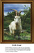 A closeup portrait of an Irish goat with impressive curved horns against a green landscape, available as a cross stitch chart.