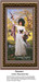 A woman in a flowing white dress stands in a sunlit garden, holding birds and surrounded by nature, as shown in this xstitch chart by Henrietta Rae.
