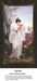 A woman in a flowing white garment stands in a spring garden, holding a flower, designed as an xstitch design by Henrietta Rae.