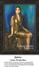 A dark-haired woman in a gold dress sits on an ottoman covered in leopard print, designed for a large cross stitch pattern by Firmin Baes.