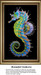 A colorful seahorse swimming against a black background, designed as a cross stitch design with a variety of vibrant hues that contrast beautifully.